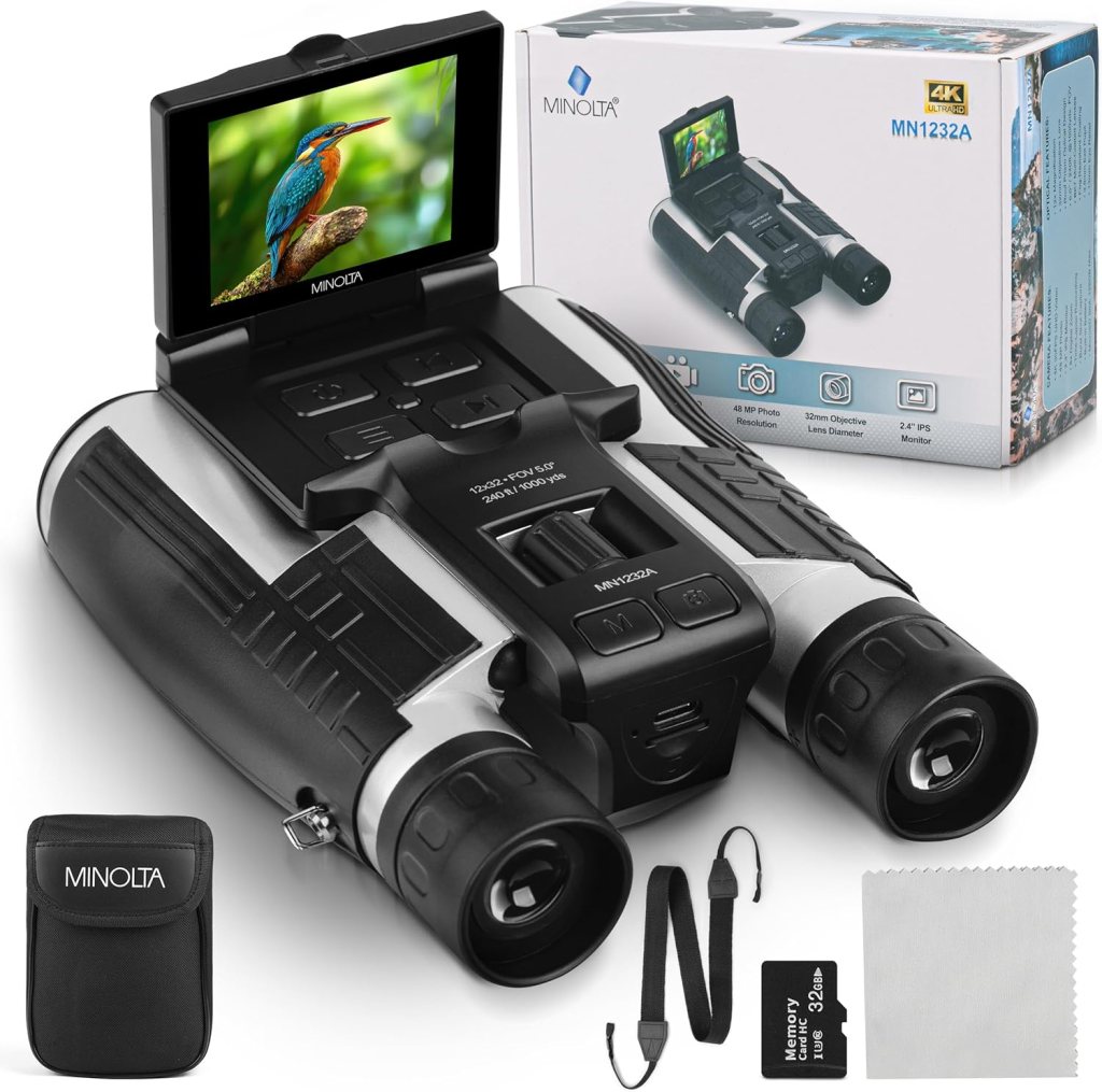 A pair of binoculars with a digital display, featuring a close-up view of a bird on the screen. The binoculars are displayed with their boxed packaging, a carrying case, a strap, and a cleaning cloth.