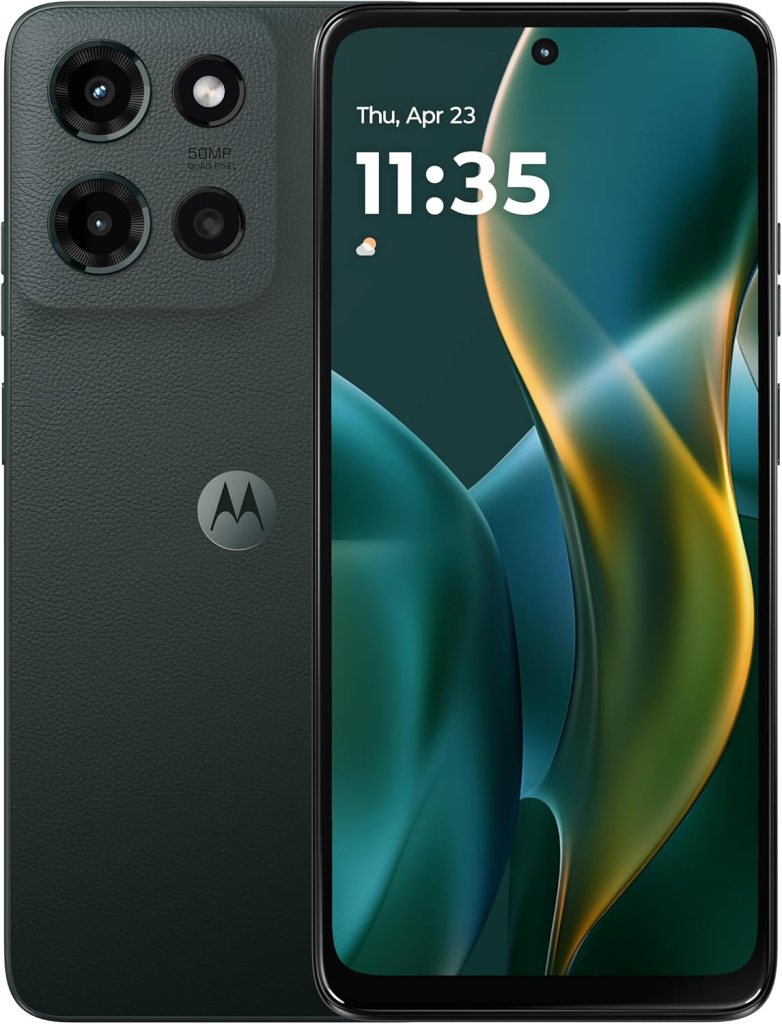 A Motorola smartphone showcasing its rear and front views, featuring a textured dark green back and three camera lenses, including a 50MP camera. The front displays a stylish design with a clock reading 11:35.