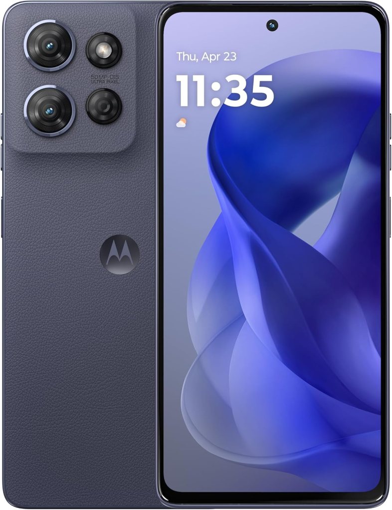 Close-up of a Motorola smartphone featuring a large screen and three rear cameras, with a textured navy blue back panel.