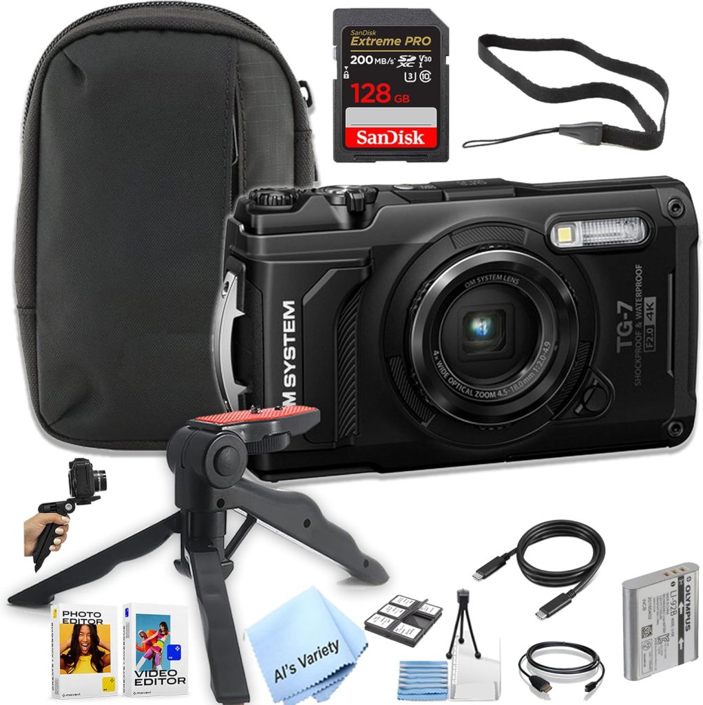 A package containing an Olympus TG-7 camera, a black carrying case, a Sandisk 128 GB Extreme Pro SD card, a mini tripod, a camera strap, a variety of camera accessories including photo and video editing software, a cleaning cloth, a USB cable, and additional batteries.