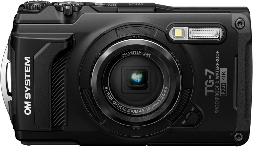 A black OM System TG-7 camera featuring a sturdy design, waterproof capability, and a lens with 4x optical zoom.