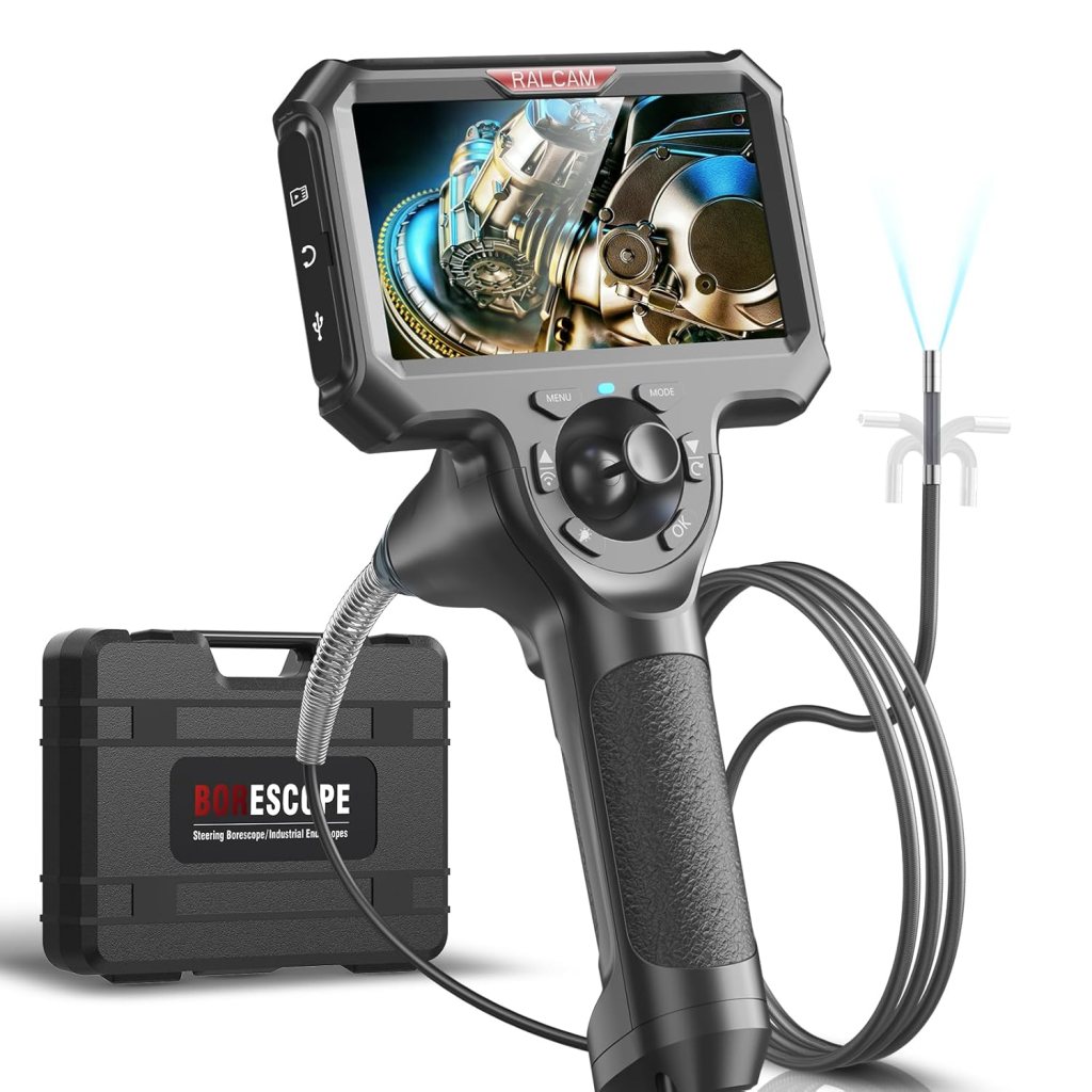 An industrial borescope with a monitor displaying a close-up view of mechanical parts, featuring a handle with buttons and a flexible cable. A carrying case is visible in the background.