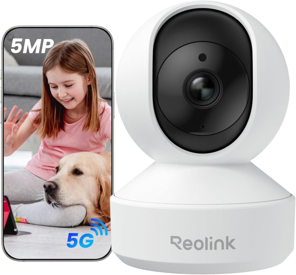 A Reolink camera displayed beside a smartphone, showing a girl waving at the camera while a dog rests its head on her lap, highlighting the 5MP resolution and 5G connectivity.