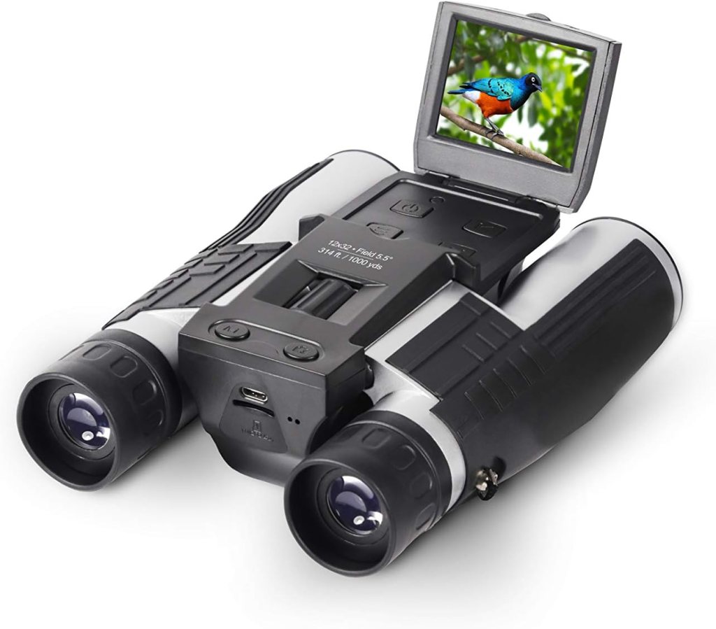 A pair of binoculars with a digital display screen showing a colourful bird perched on a branch.