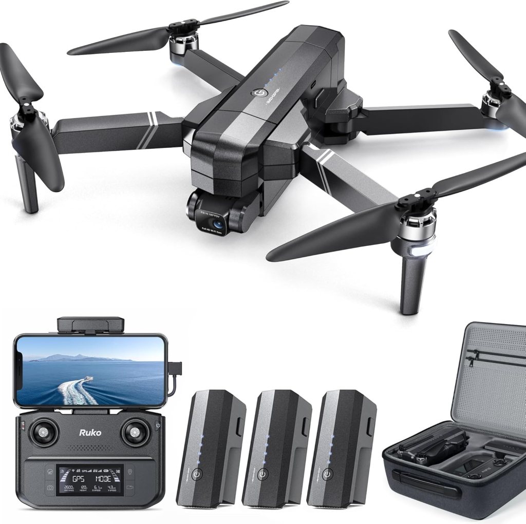A black drone with four propellers, featuring a camera on the front, accompanied by a remote control displaying a smartphone, three battery packs, and a carrying case.