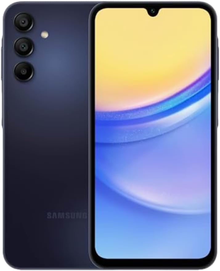 Front and back view of a Samsung smartphone showing a sleek design with a blue gradient finish and a three-camera setup.