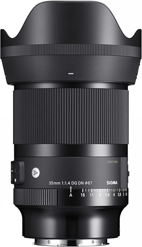 A Sigma 35mm f/1.4 DG DN lens with a black finish and a petal lens hood, featuring focus and aperture settings.