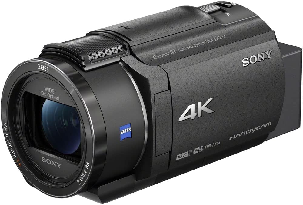 A Sony 4K Handycam with a Zeiss lens, featuring a 20x optical zoom and a compact design.