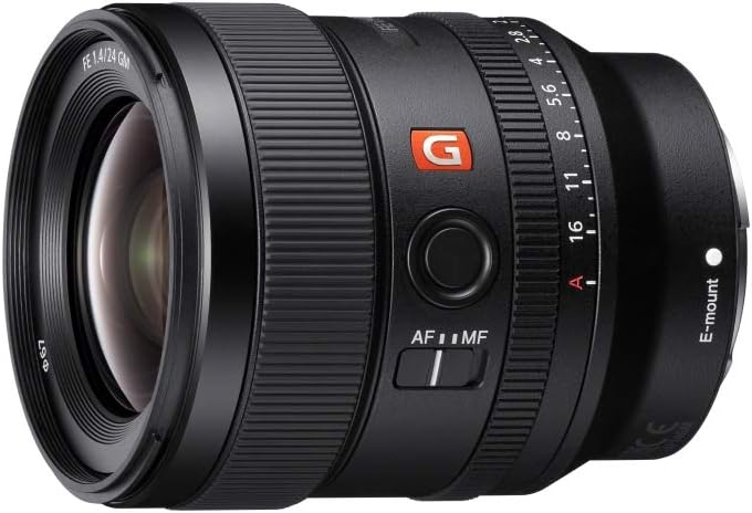 Sony E-mount lens with a wide aperture, featuring a focus switch and aperture ring