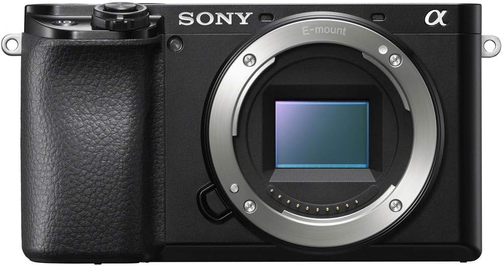 Front view of a Sony Alpha mirrorless camera showing the E-mount and sensor.