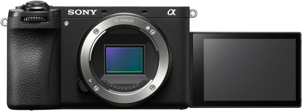 Front view of a Sony Alpha mirrorless camera with an E-mount and a tilting LCD screen.