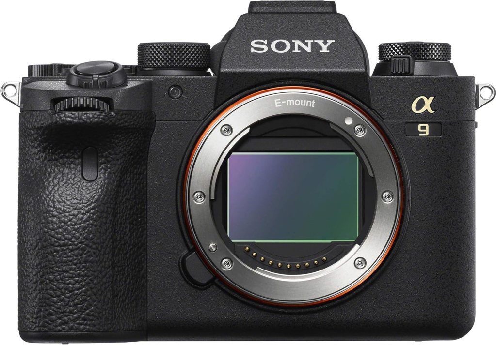 Front view of a Sony Alpha 9 camera showing its E-mount, sensor, and textured grip.
