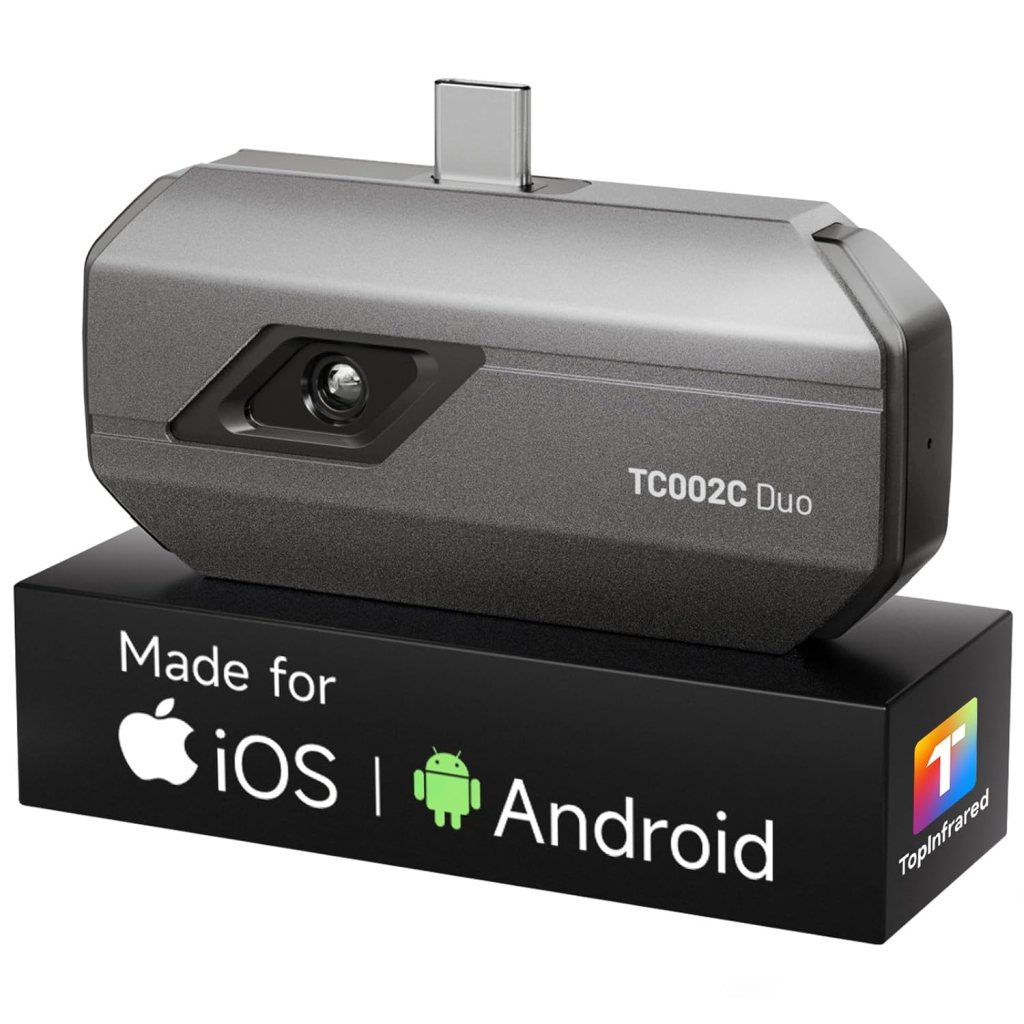 A grey TC002C Duo camera device with a connector for mobile devices, displayed on a black base labelled 'Made for Apple iOS | Android'.