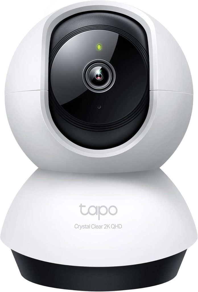 A Tapo security camera featuring a sleek, spherical design with a black camera lens and a green indicator light, labelled 'Crystal Clear 2K QHD'.