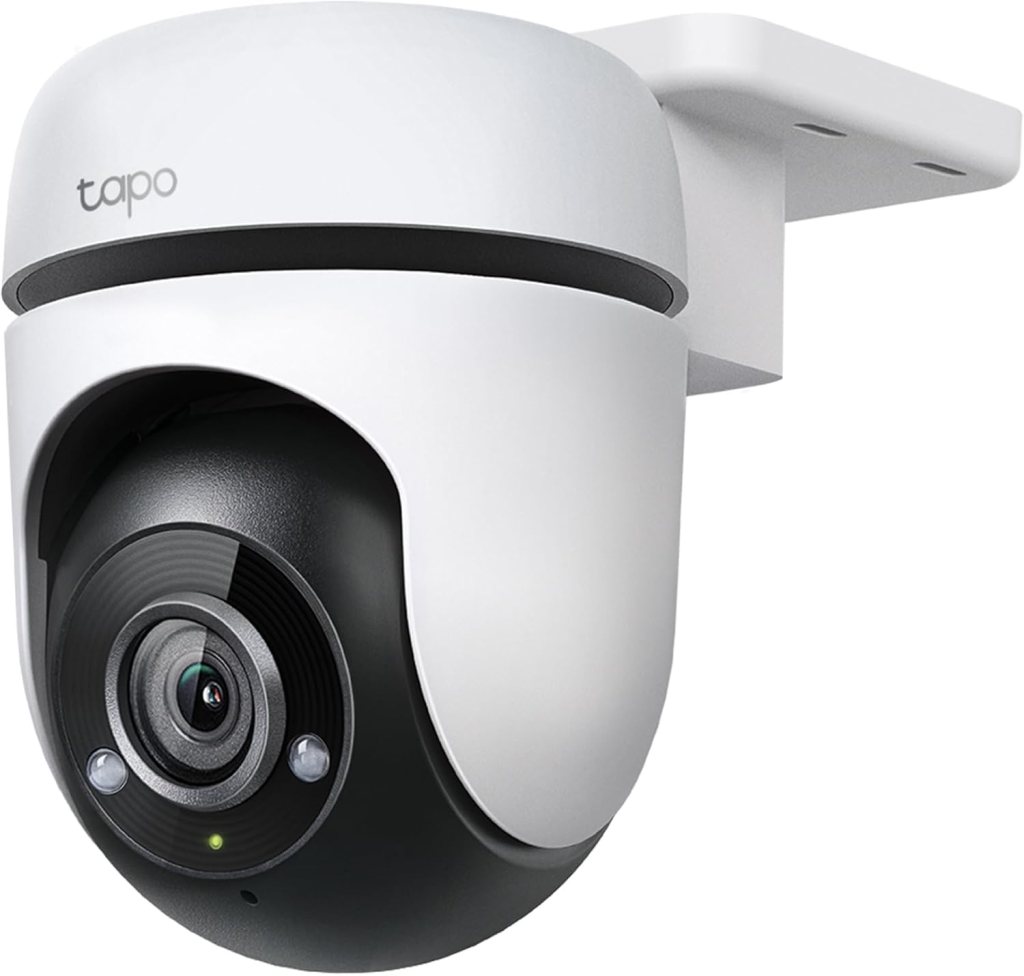 A white and black Tapo security camera mounted on a wall, featuring a dome-shaped design and a wide lens.