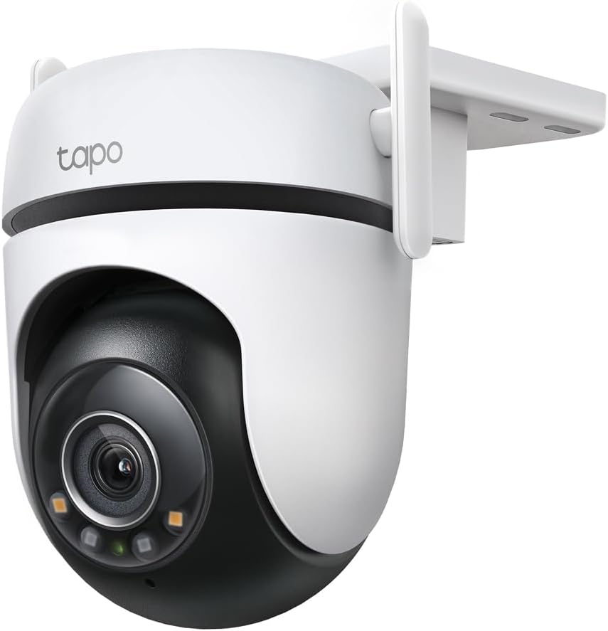 A white and black Tapo security camera mounted on a wall, featuring an adjustable lens and LED indicators.