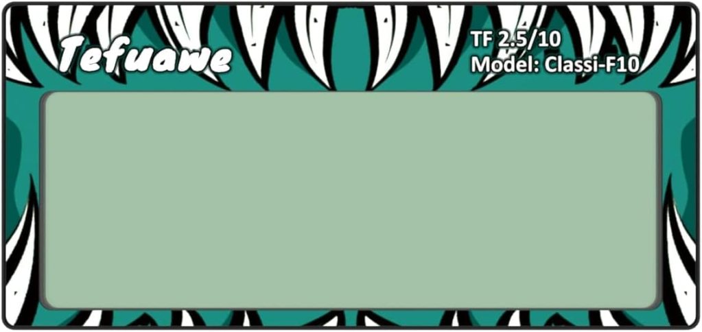A decorative banner featuring a toothy monster design. The top left displays the name 'Tefuawé,' while the top right corner notes 'TF 2.5/10' and 'Model: Classi-F10.' The central area is left blank for custom content.