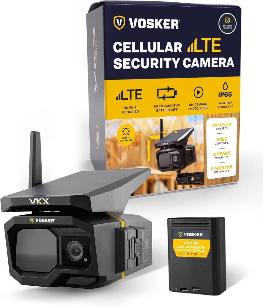 Vosker Cellular LTE Security Camera with a rechargeable battery and solar panel, displayed alongside its packaging.