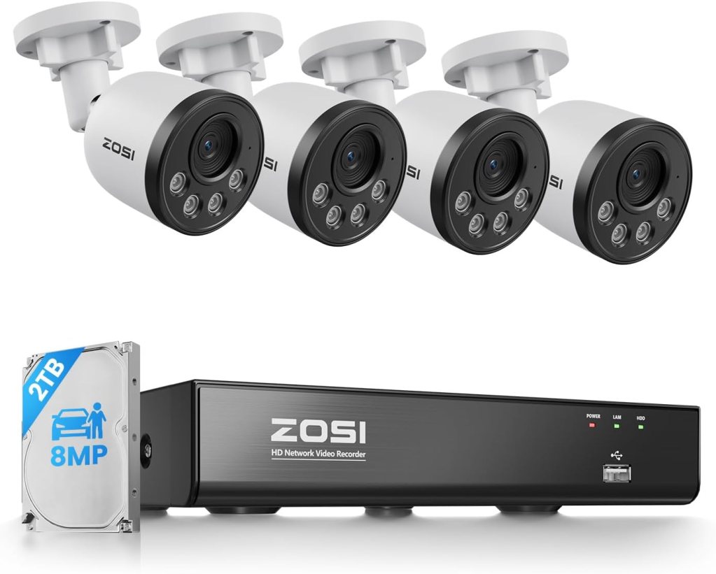 Four ZOSI surveillance cameras mounted on white brackets above a black ZOSI HD Network Video Recorder with a 2TB hard drive and 8MP specifications.