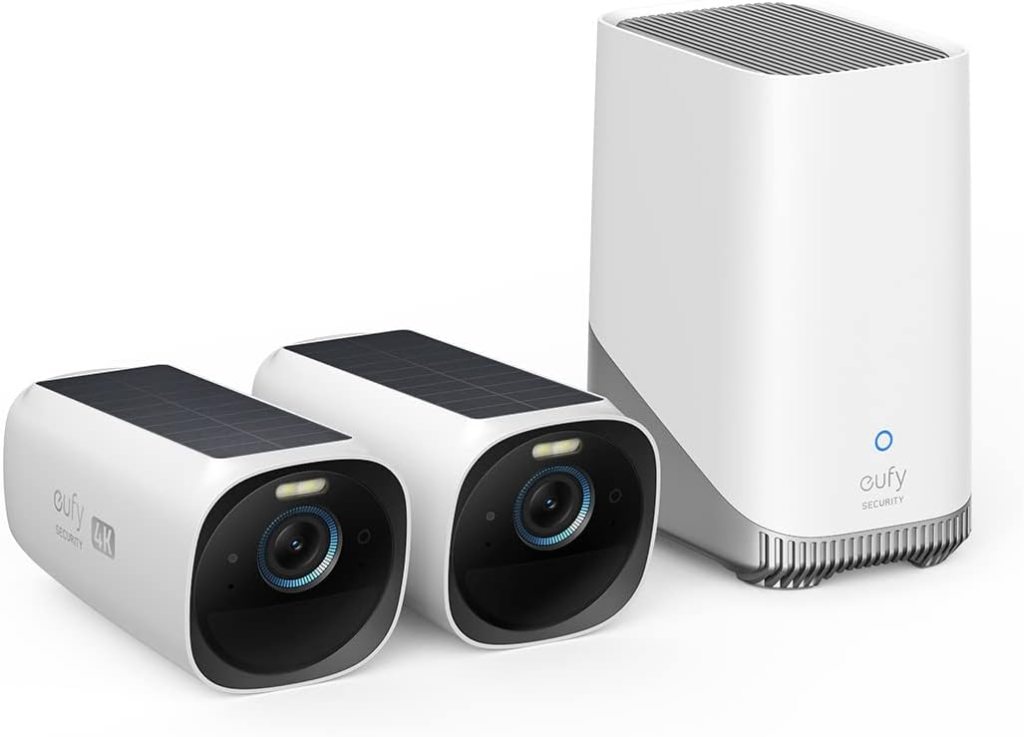 A set of two solar-powered security cameras alongside a matching base station, all in a modern white design, labelled with 'eufy Security' and '4K'.