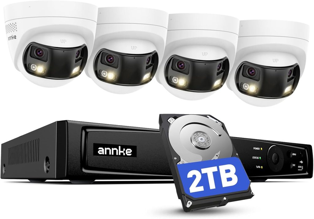 Four security cameras and a digital video recorder, featuring a 2TB hard drive, designed for surveillance systems.
