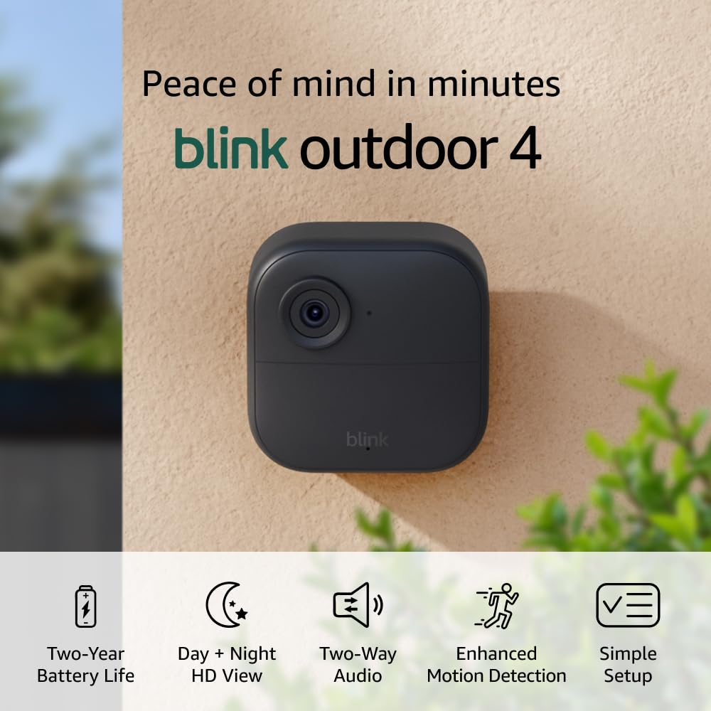 Blink Outdoor 4 security camera mounted on a wall, featuring the phrase 'Peace of mind in minutes' and icons highlighting its features including two-year battery life, day and night HD view, two-way audio, enhanced motion detection, and simple setup.