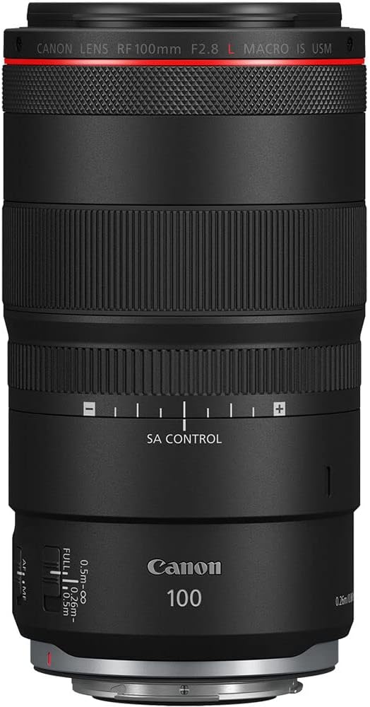 Canon RF 100mm F2.8 L Macro IS USM lens, featuring a black design with red accents and multiple control rings.