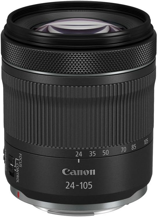 Canon 24-105mm camera lens with focus control and markings for focal lengths.