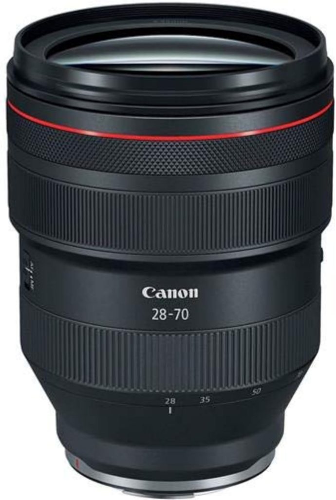Canon 28-70mm camera lens featuring a black body with a red ring and textured grip.