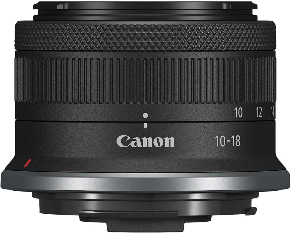 Canon EF-S 10-18mm f/4.5-5.6 IS STM lens, showcasing its barrel design and focal length markings.