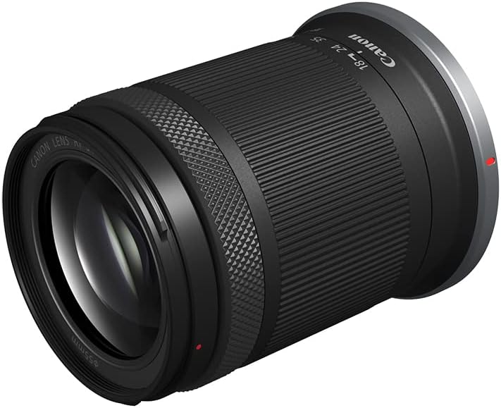 A black Canon camera lens with a ribbed texture and a silver metal mount, featuring a focal length range of 18-75mm.