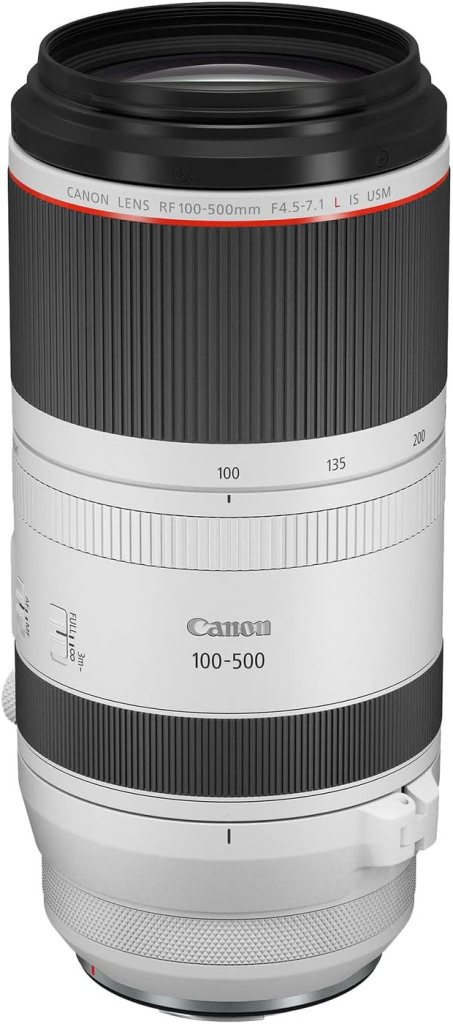 Canon RF 100-500mm f/4.5-7.1 L IS USM lens with a black and white design.