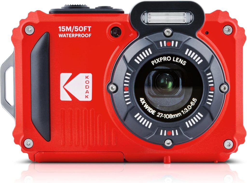 A bright red waterproof Kodak camera featuring a wide lens with a 4x optical zoom and the capability to dive up to 15 metres.