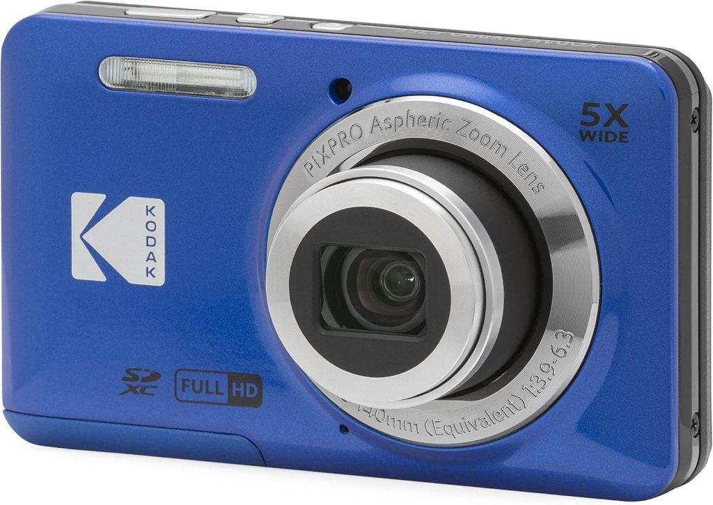 A blue Kodak digital camera featuring a 5x wide aspheric zoom lens, with a flash and Full HD capability.