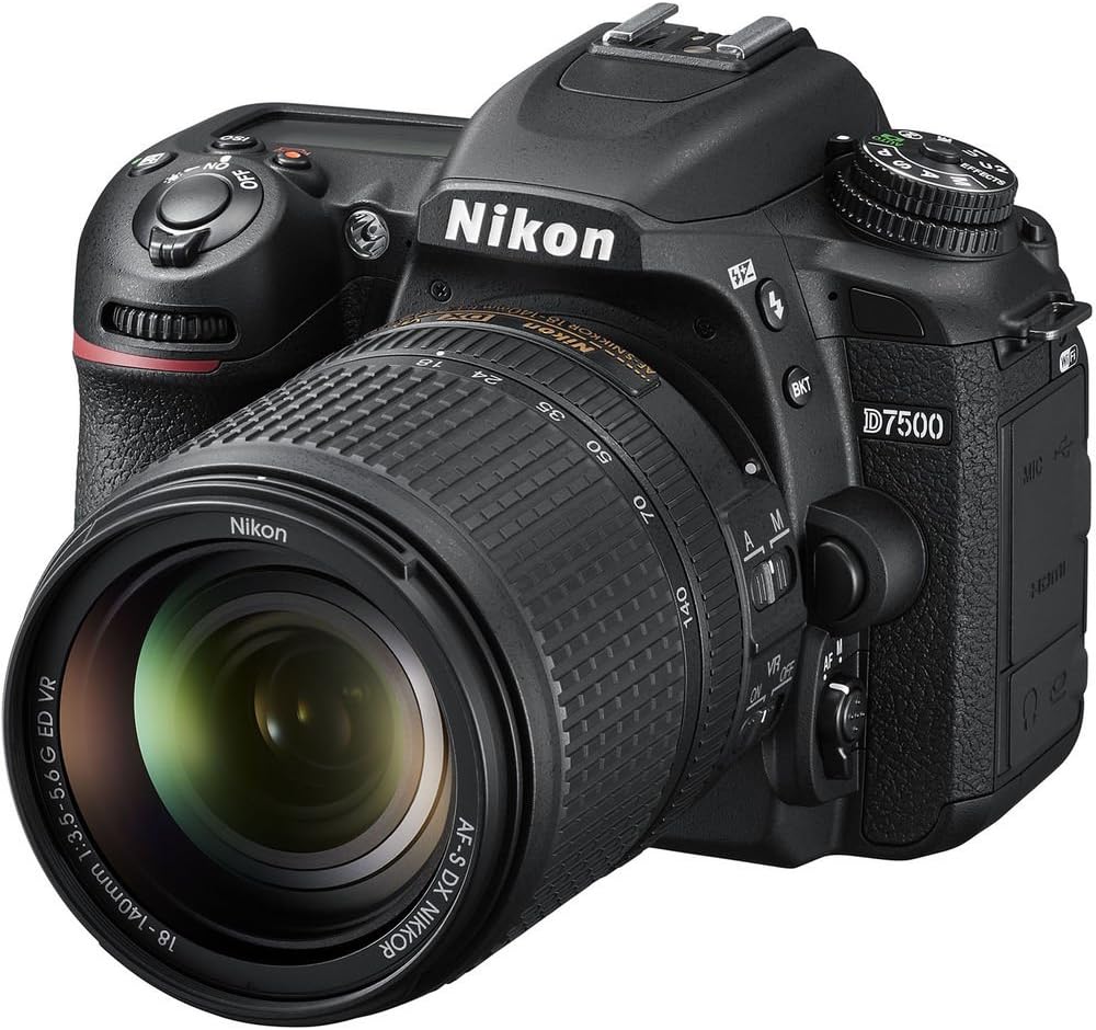 A Nikon D7500 camera with a zoom lens, showcasing its design and features.
