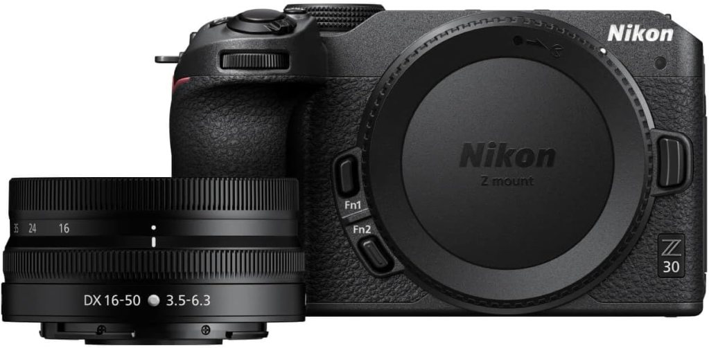 Nikon Z30 mirrorless camera with a DX 16-50mm lens attached, showcasing the black body and lens design.