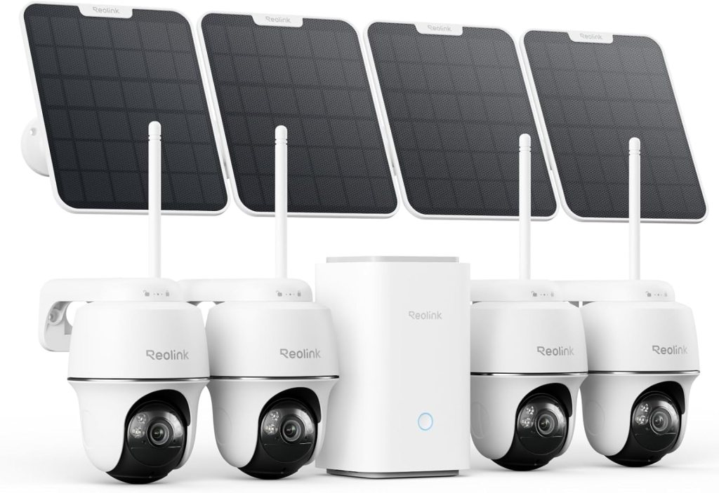 A set of four Reolink solar panels paired with three Reolink security cameras and a central hub, all in a sleek white design.