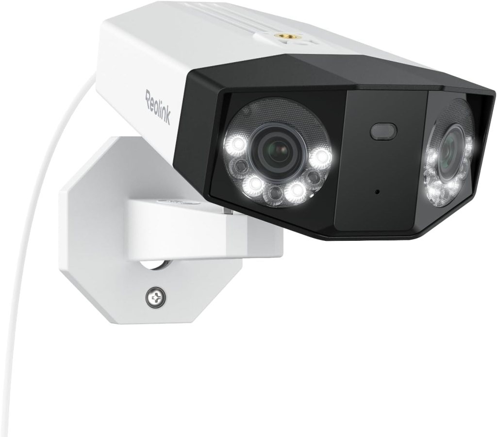 A dual-lens security camera mounted on a wall bracket, featuring infrared LEDs for night vision and a sleek white and black design.