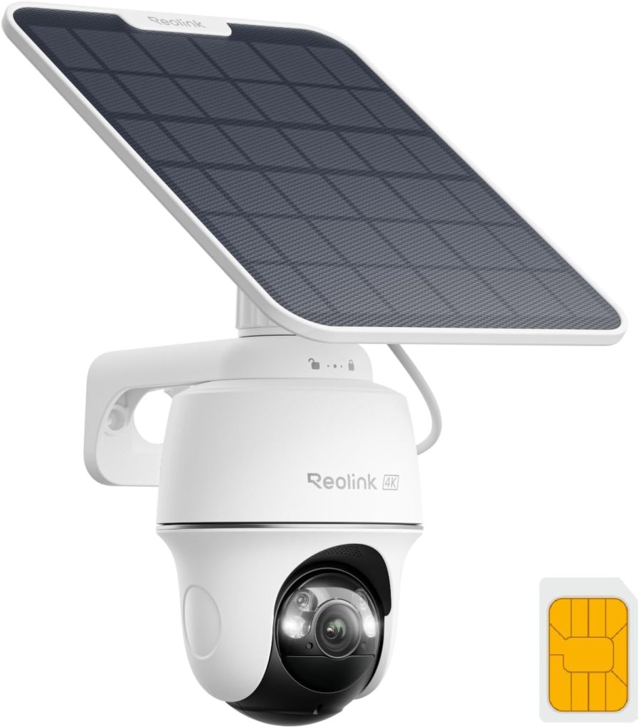 Reolink 4K solar-powered security camera with a rotating lens and a SIM card slot, featuring a solar panel for sustainable energy.