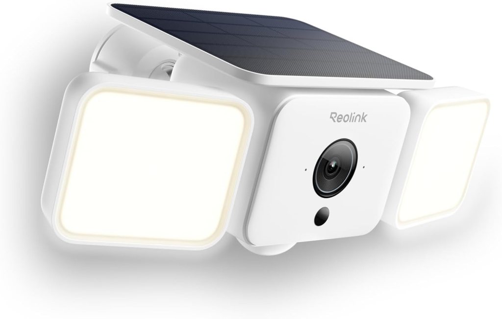 Reolink solar-powered security camera featuring dual LED floodlights.