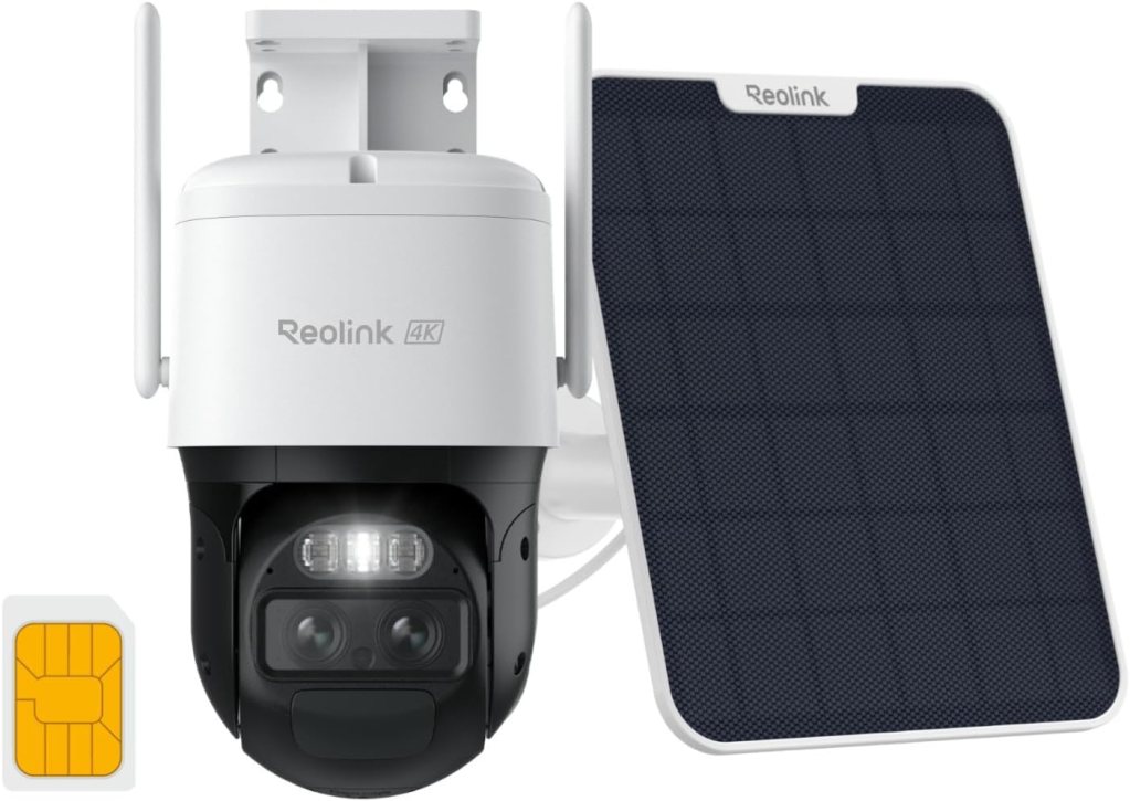 A Reolink 4K security camera with infrared capabilities, paired with a solar panel for power supply and a SIM card for connectivity.