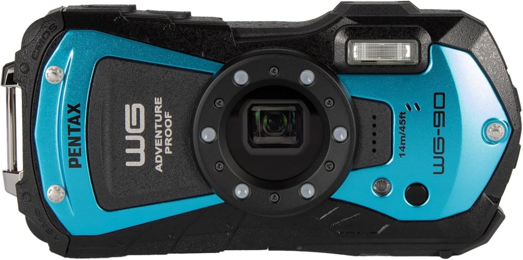 Pentax WG-90 adventure proof camera featuring a blue design with rugged detailing.