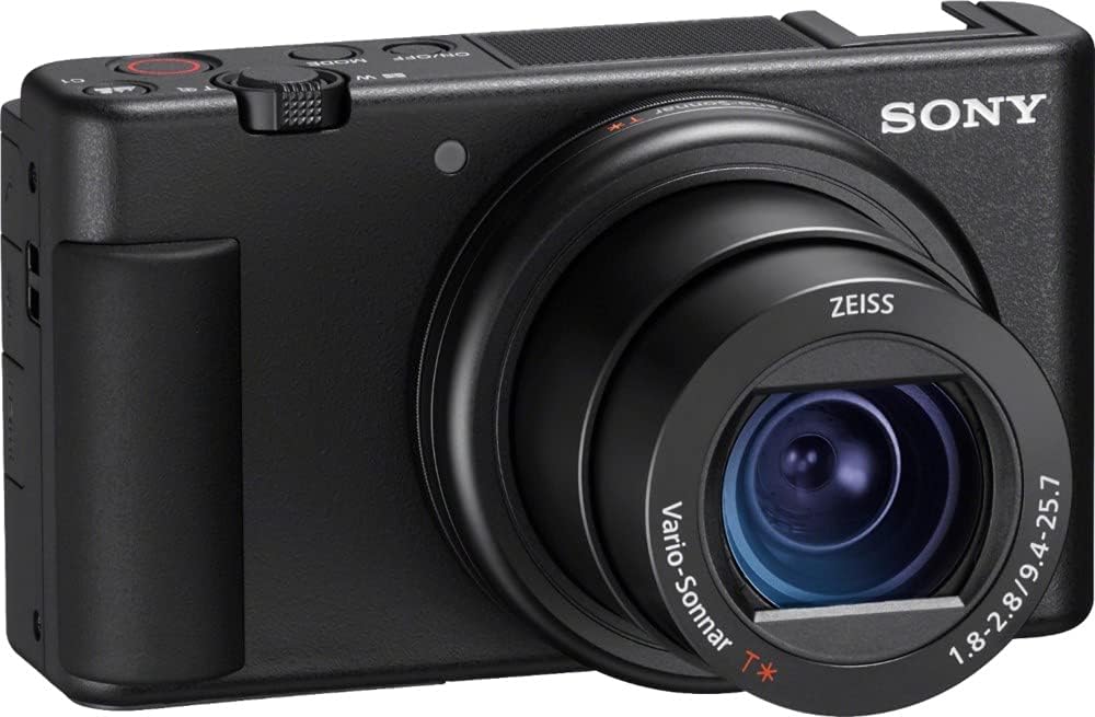 A compact Sony camera featuring a Zeiss lens, designed for high-quality photography.
