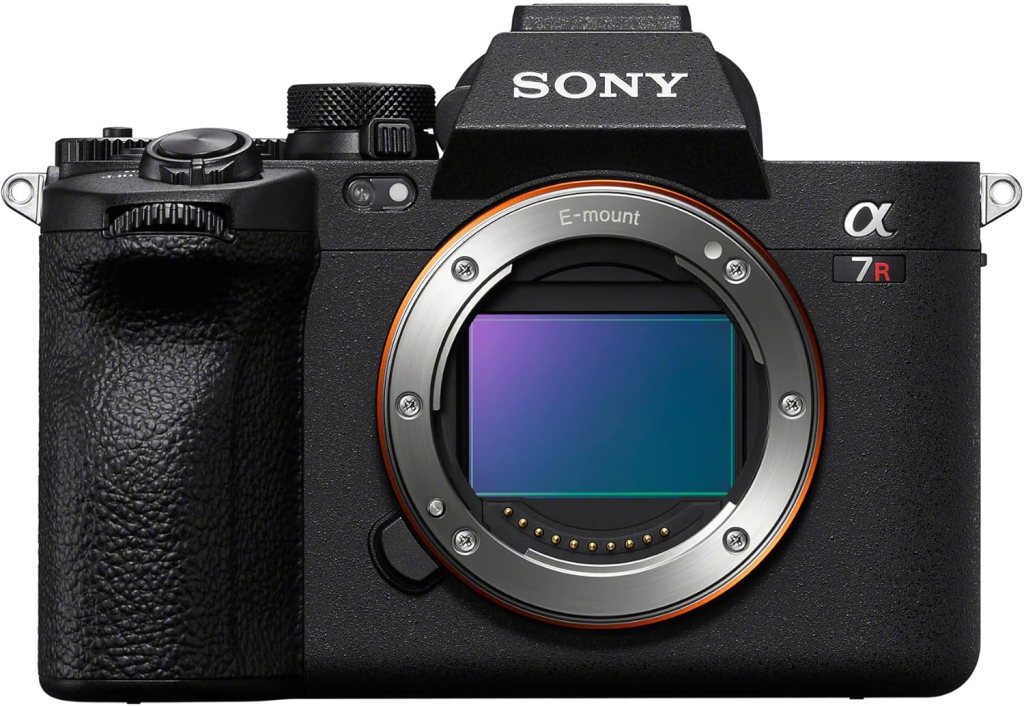 Front view of a Sony Alpha 7R camera showcasing the E-mount lens opening and control dials.