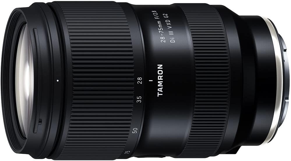 A Tamron 28-75mm f/2.8 camera lens featuring a sleek black design, with focus and zoom markings.
