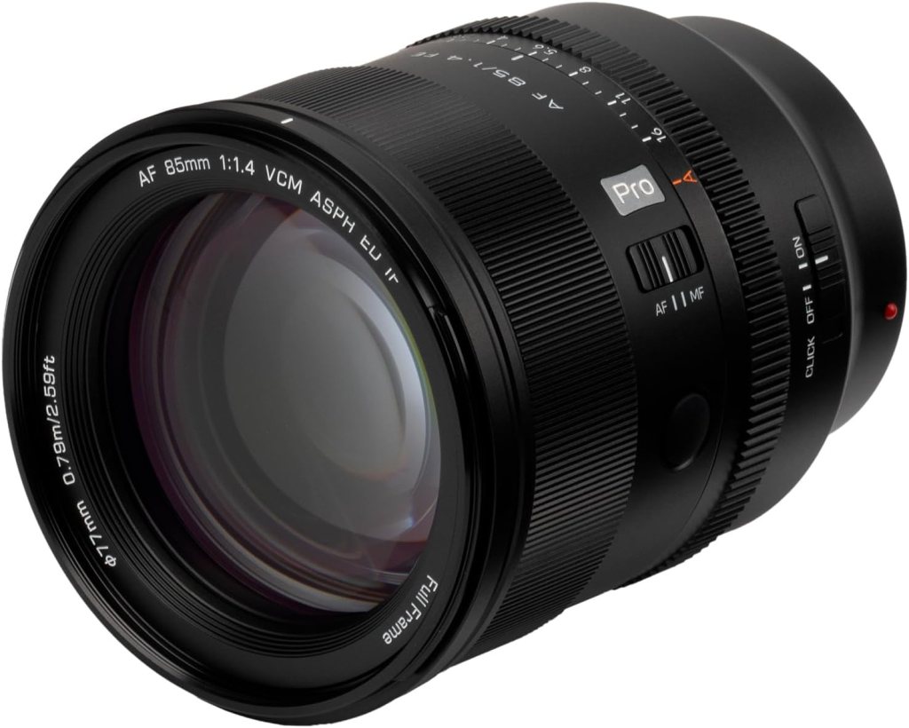 A black camera lens with a 85mm focal length and a maximum aperture of f/1.4. It features focus switches for AF and MF, and has a sleek, modern design.