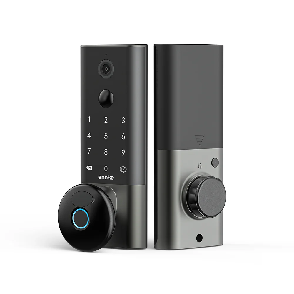 A modern smart door lock featuring a keypad for access and a round handle, designed for home security.