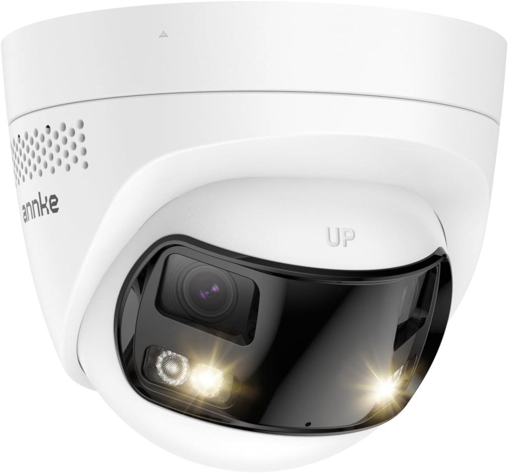 A white dome security camera with a black lens and two LED lights, designed for surveillance.